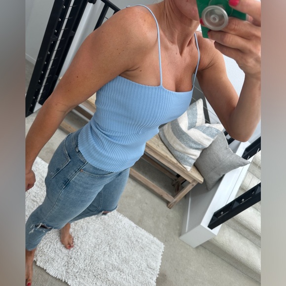 Franco Sarto Blue Ribbed Spaghetti Strap Tank Top | Size M - Picture 6 of 12